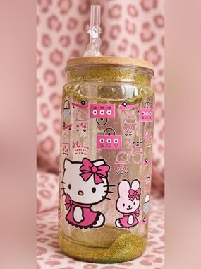 Hello Kitty Pink Glitter Party Water Jar with Bamboo Lid